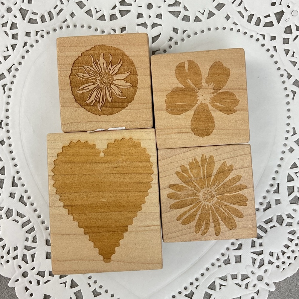 Vintage The Blue Hand flower & scalloped heart rubber stamps
